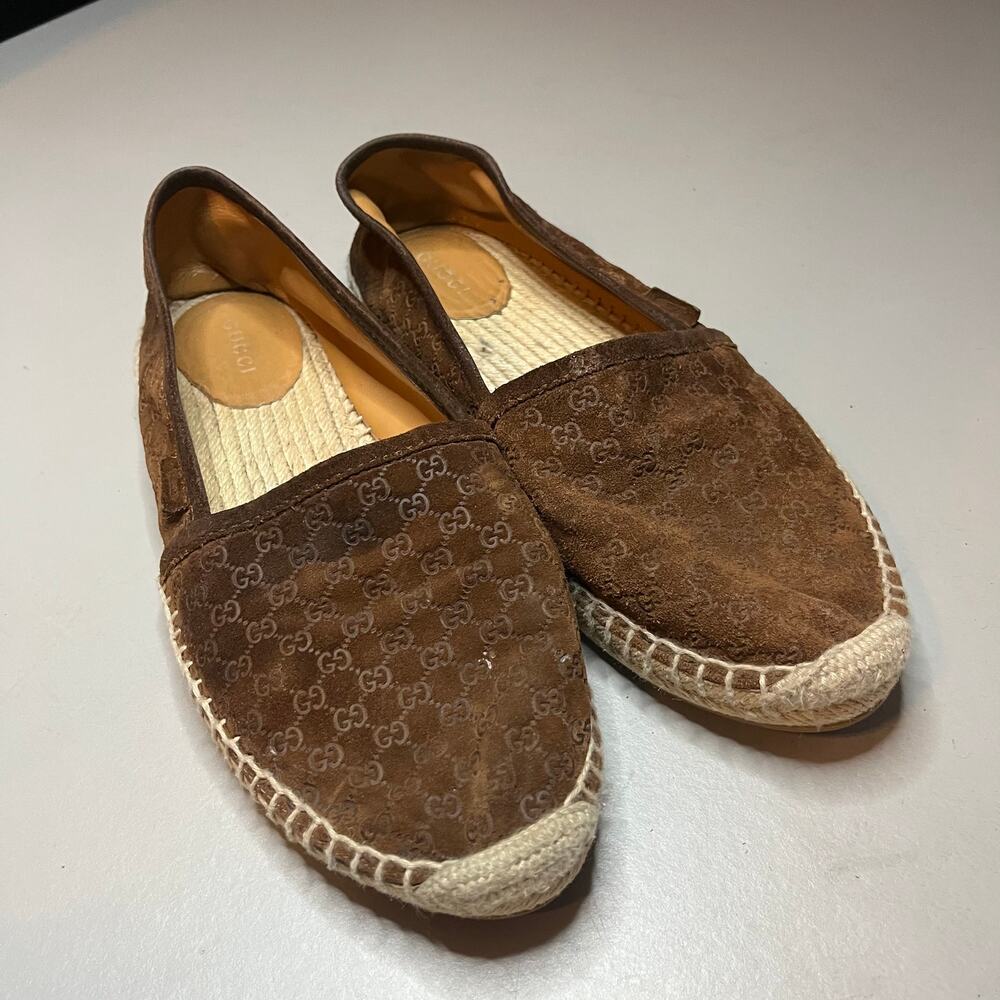Gucci Flats Womens Size 39 US 8.5 Brown Embossed Suede Espadrille Slip On Shoes